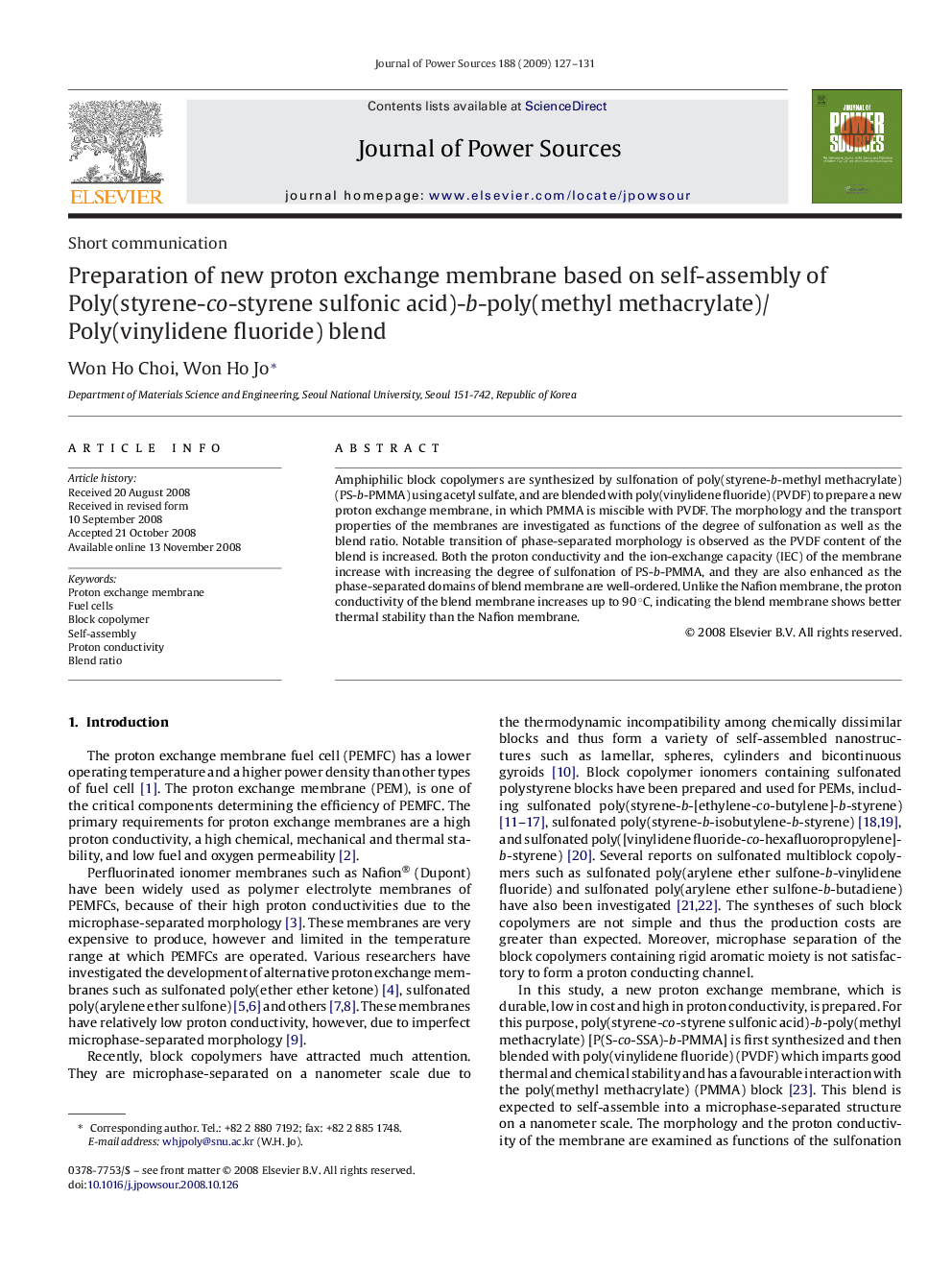 Preparation of new proton exchange membrane based on self-assembly of Poly(styrene-co-styrene sulfonic acid)-b-poly(methyl methacrylate)/Poly(vinylidene fluoride) blend