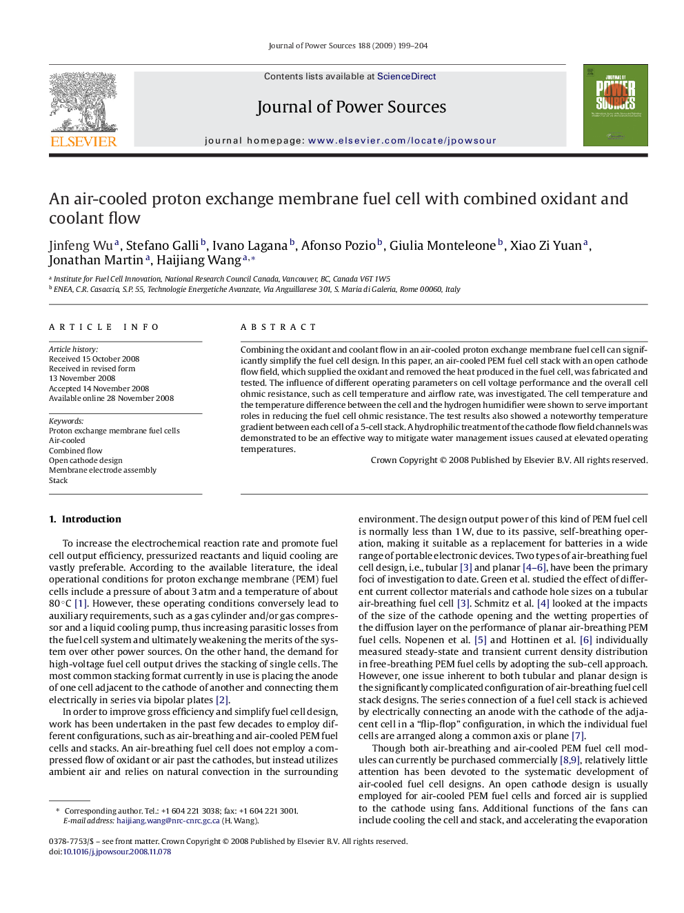 An air-cooled proton exchange membrane fuel cell with combined oxidant and coolant flow