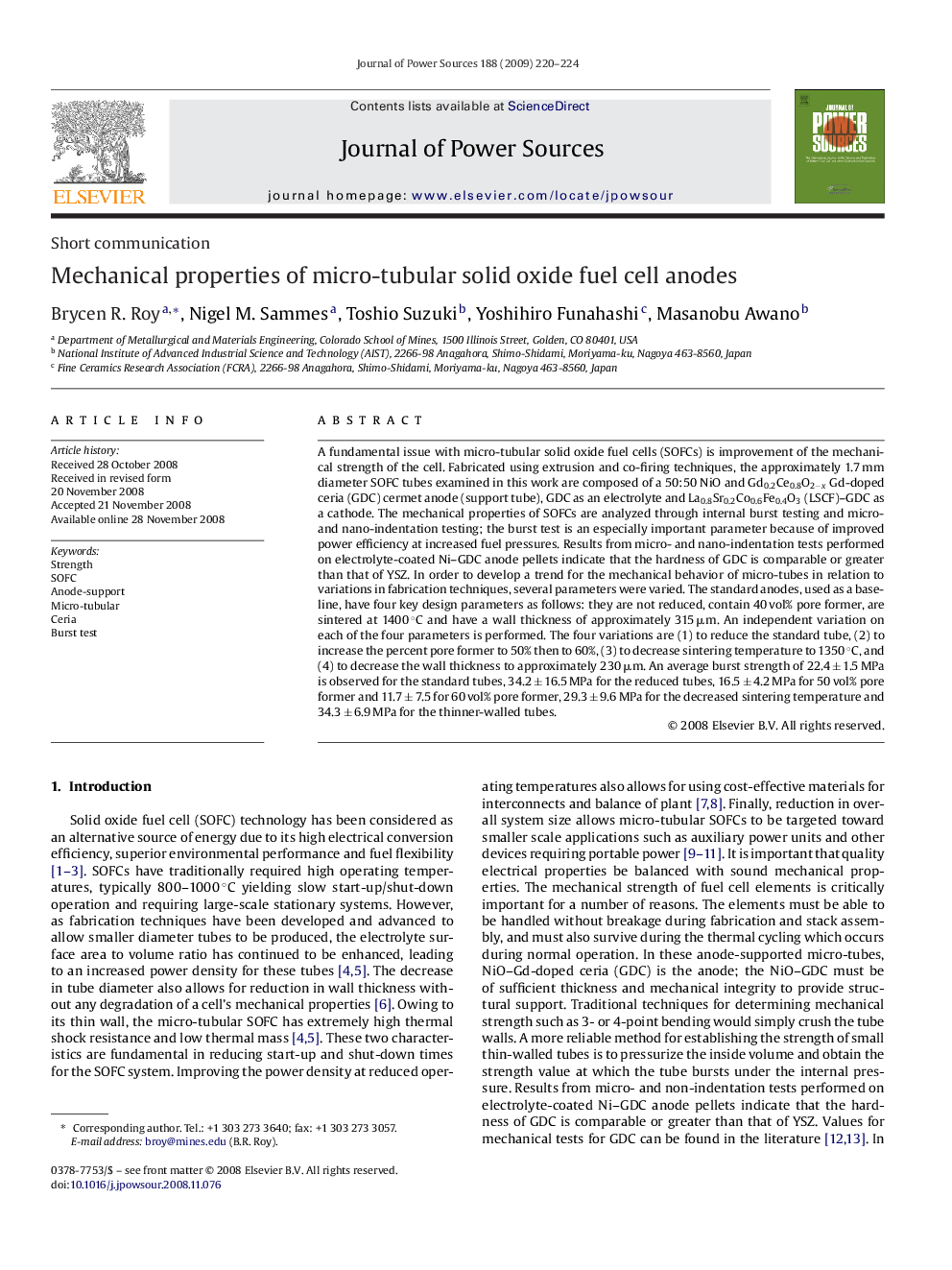 Mechanical properties of micro-tubular solid oxide fuel cell anodes