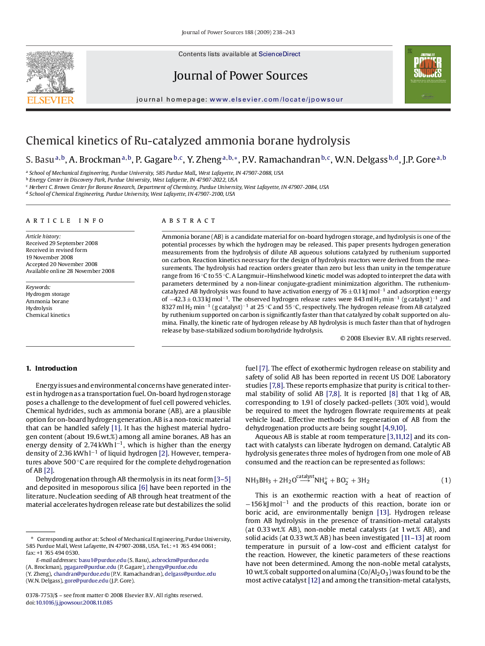 Chemical kinetics of Ru-catalyzed ammonia borane hydrolysis