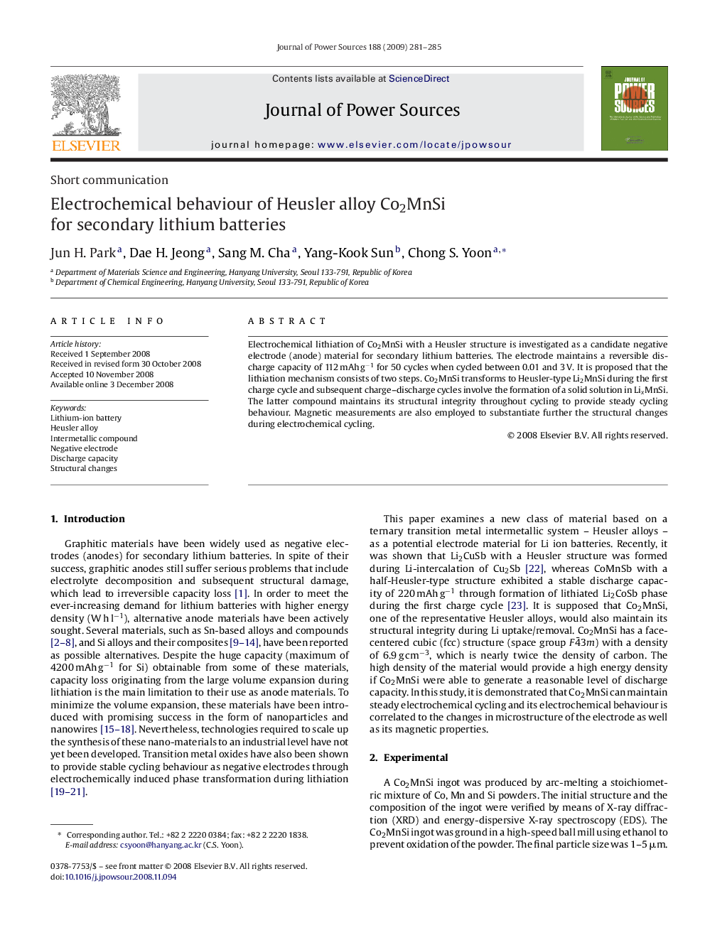 Electrochemical behaviour of Heusler alloy Co2MnSi for secondary lithium batteries