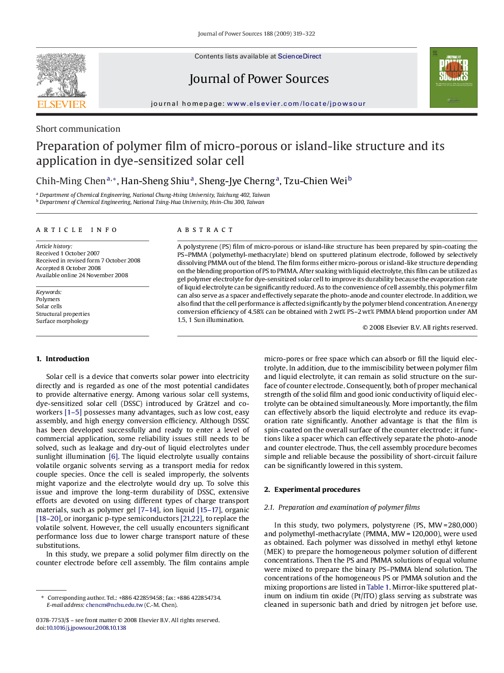 Preparation of polymer film of micro-porous or island-like structure and its application in dye-sensitized solar cell