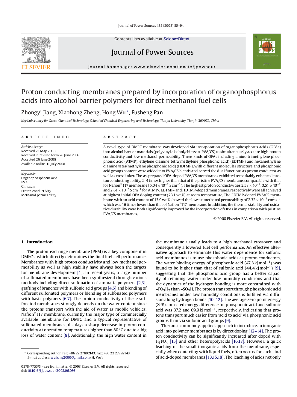 Proton conducting membranes prepared by incorporation of organophosphorus acids into alcohol barrier polymers for direct methanol fuel cells