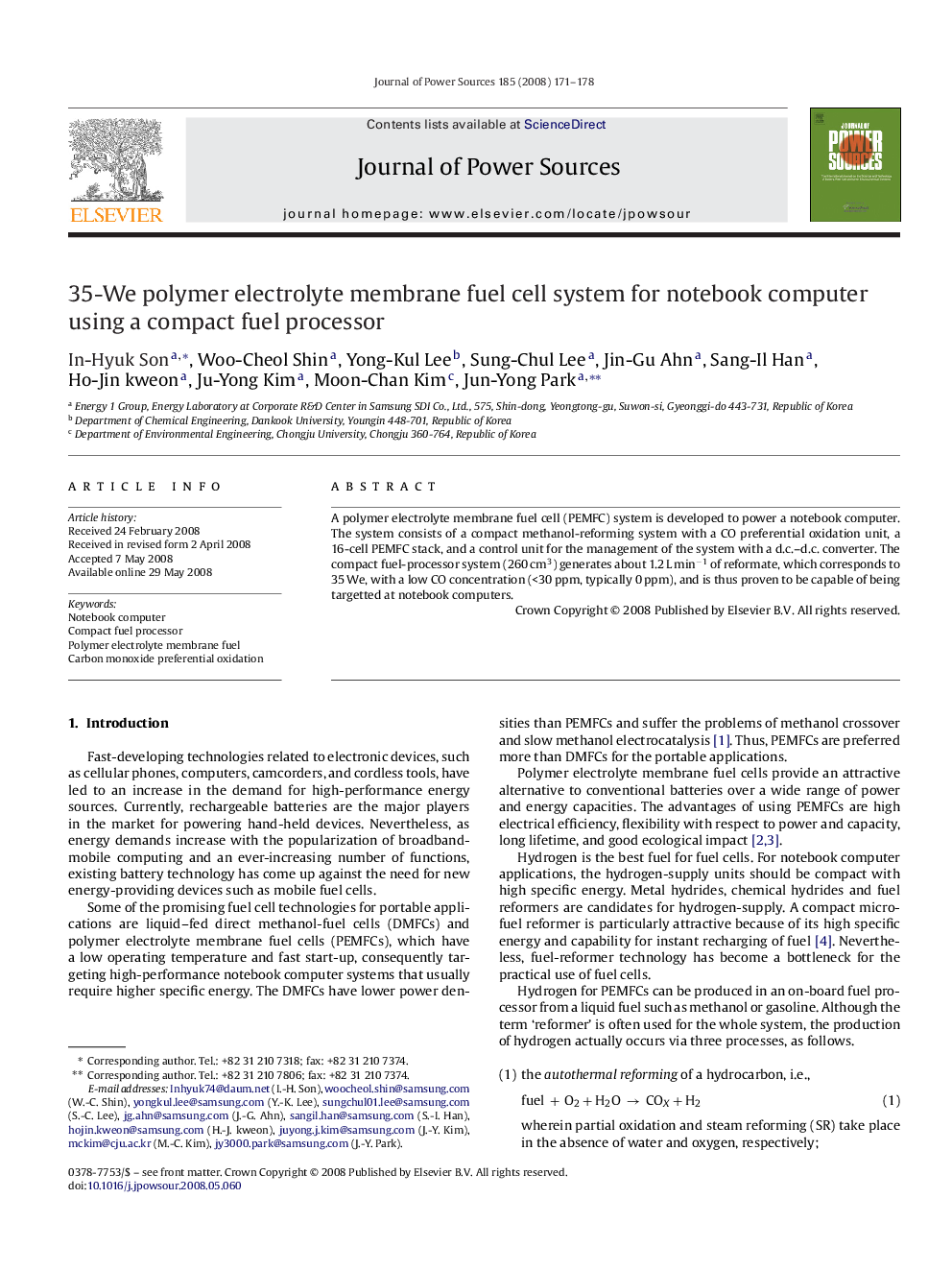 35-We polymer electrolyte membrane fuel cell system for notebook computer using a compact fuel processor