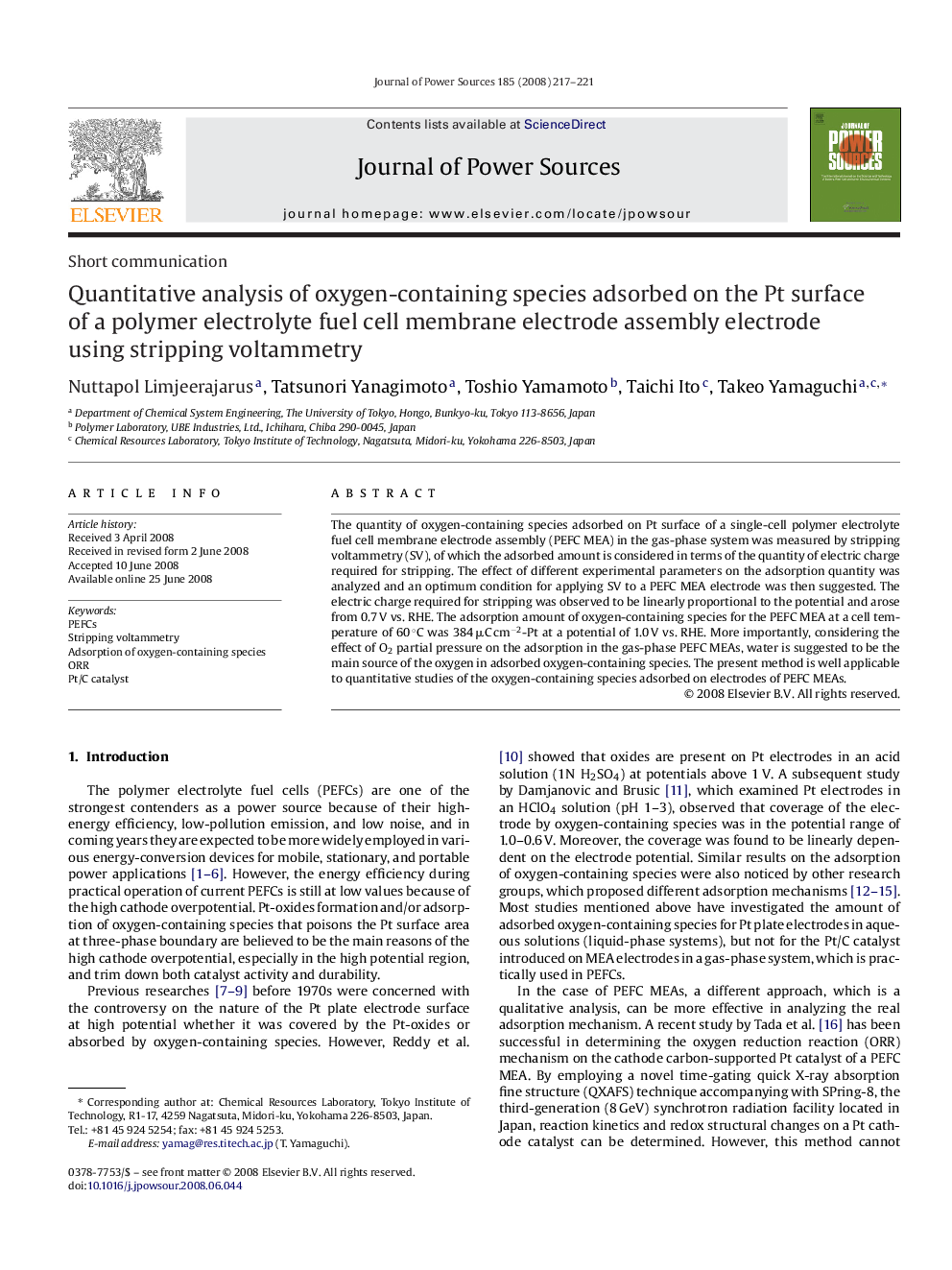 Quantitative analysis of oxygen-containing species adsorbed on the Pt surface of a polymer electrolyte fuel cell membrane electrode assembly electrode using stripping voltammetry