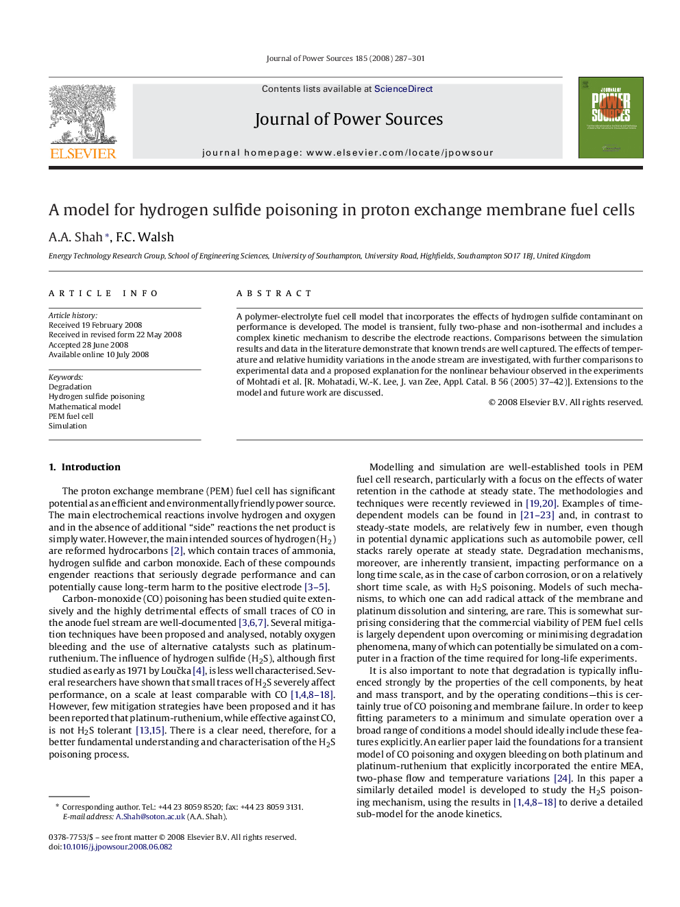 A model for hydrogen sulfide poisoning in proton exchange membrane fuel cells