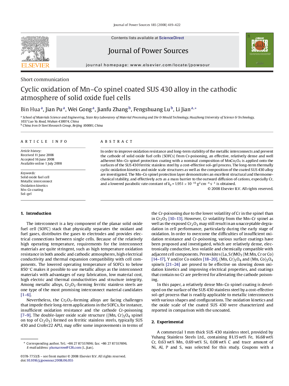 Cyclic oxidation of Mn–Co spinel coated SUS 430 alloy in the cathodic atmosphere of solid oxide fuel cells