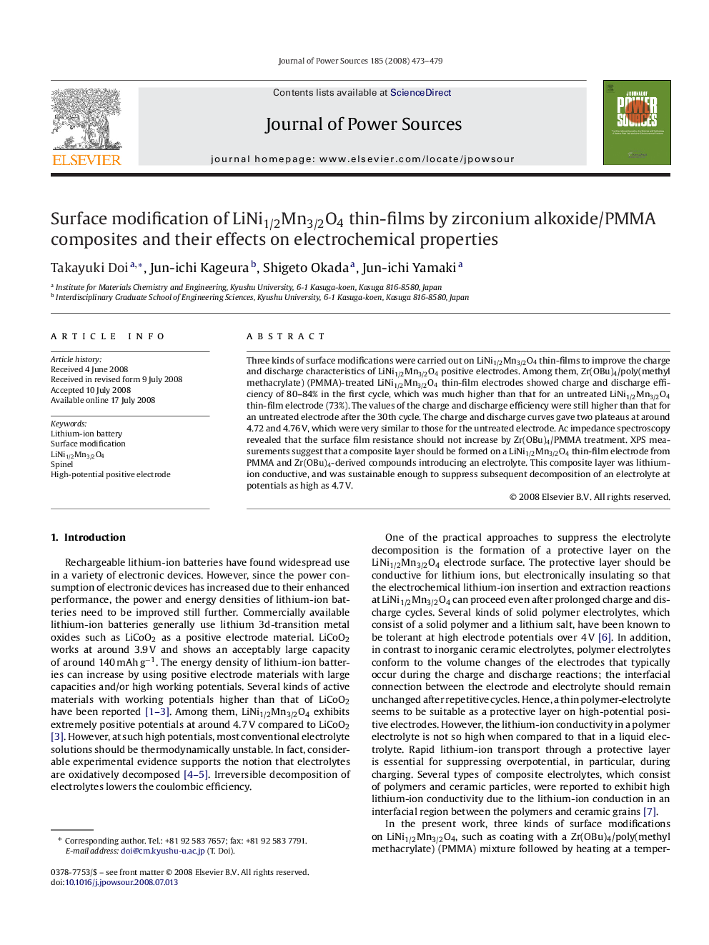 Surface modification of LiNi1/2Mn3/2O4 thin-films by zirconium alkoxide/PMMA composites and their effects on electrochemical properties