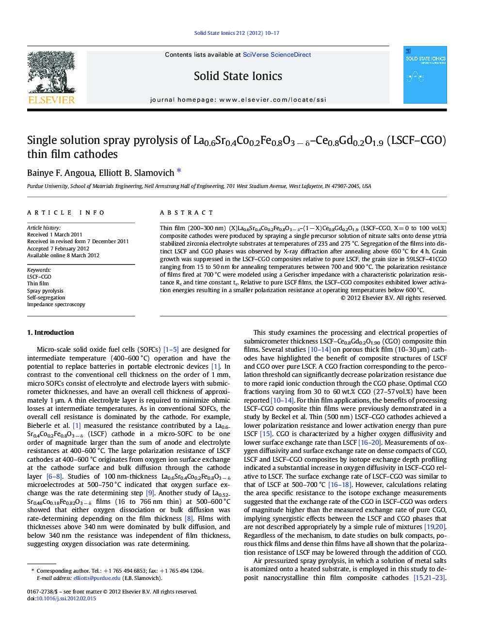 Single solution spray pyrolysis of La0.6Sr0.4Co0.2Fe0.8O3 − δ–Ce0.8Gd0.2O1.9 (LSCF–CGO) thin film cathodes