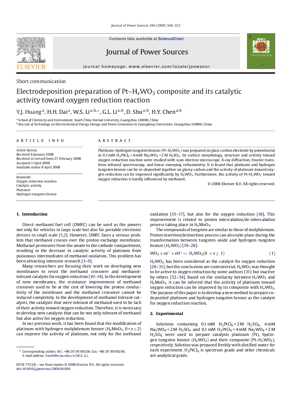 Electrodeposition preparation of Pt–HxWO3 composite and its catalytic activity toward oxygen reduction reaction