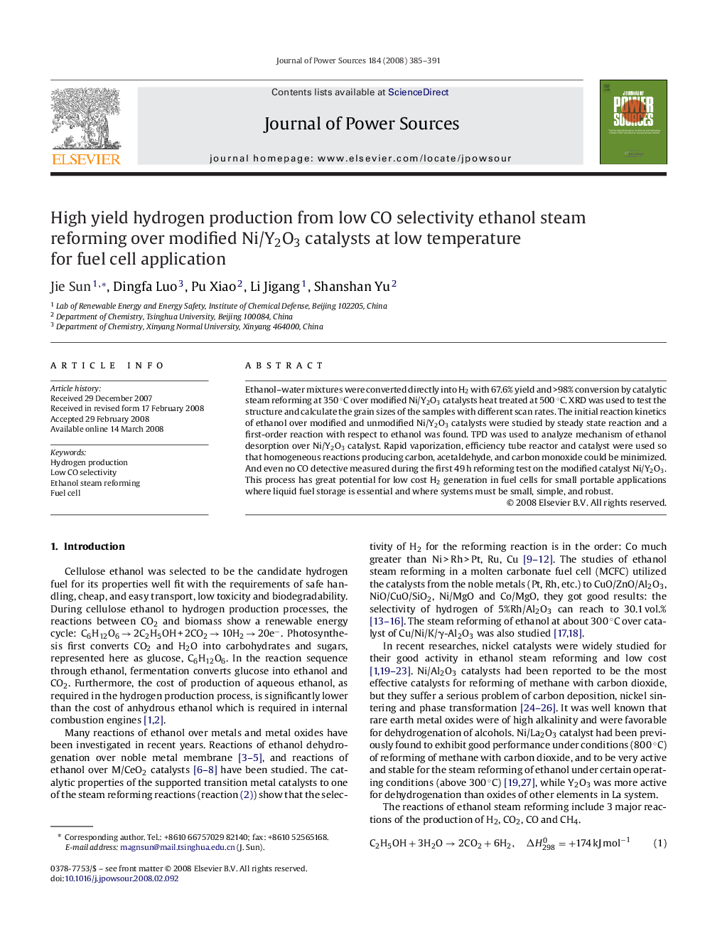 High yield hydrogen production from low CO selectivity ethanol steam reforming over modified Ni/Y2O3 catalysts at low temperature for fuel cell application