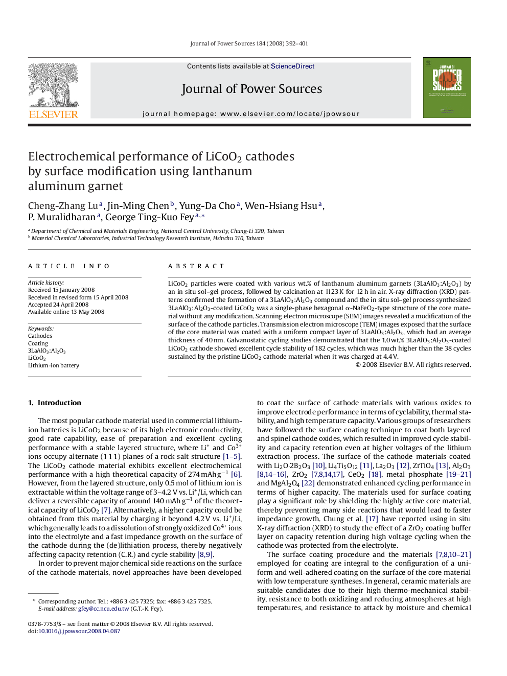 Electrochemical performance of LiCoO2 cathodes by surface modification using lanthanum aluminum garnet