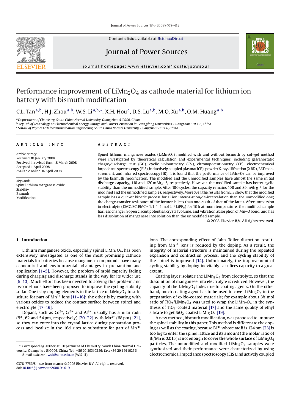 Performance improvement of LiMn2O4 as cathode material for lithium ion battery with bismuth modification