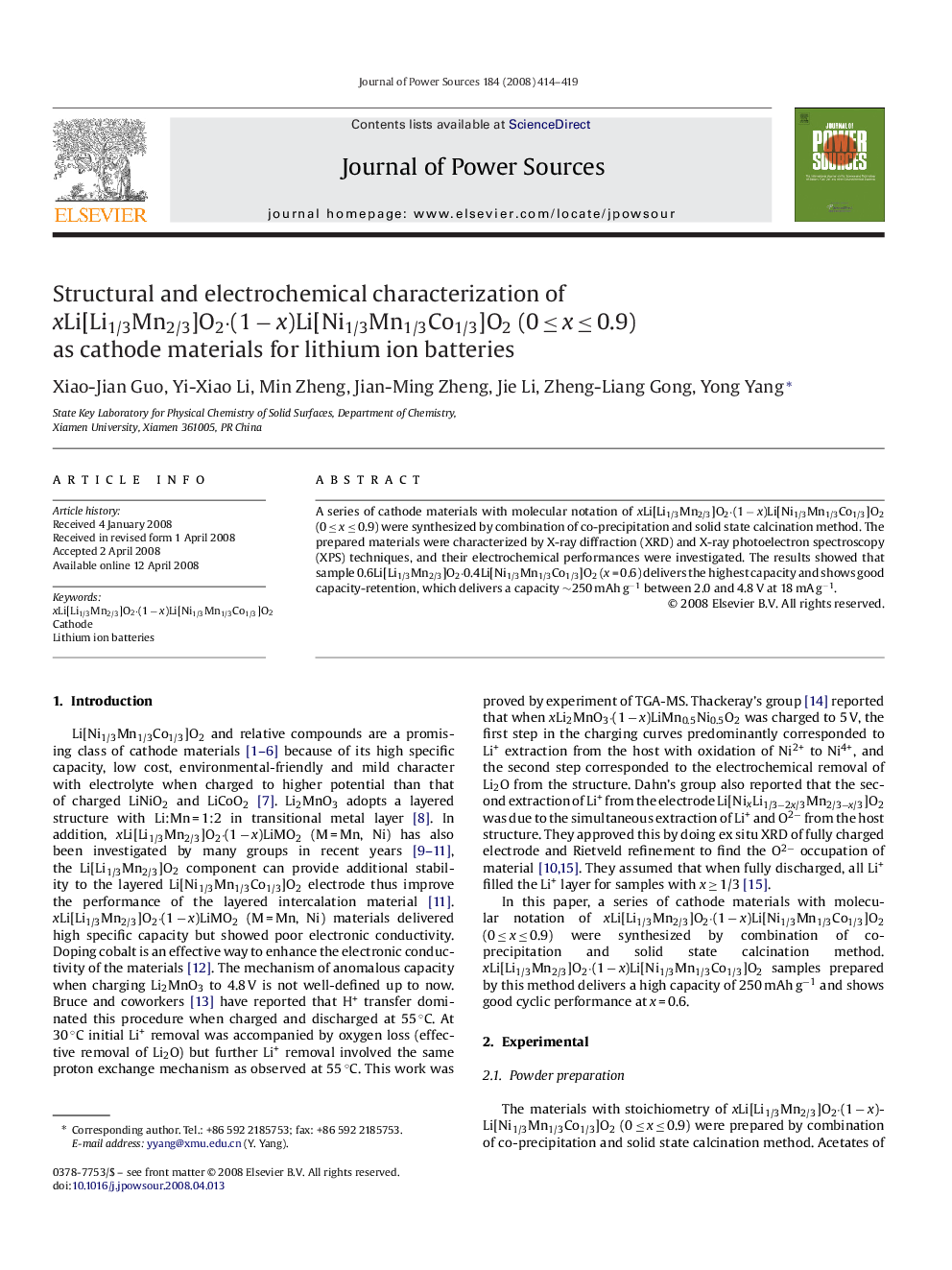 Structural and electrochemical characterization of xLi[Li1/3Mn2/3]O2·(1 − x)Li[Ni1/3Mn1/3Co1/3]O2 (0 ≤ x ≤ 0.9) as cathode materials for lithium ion batteries