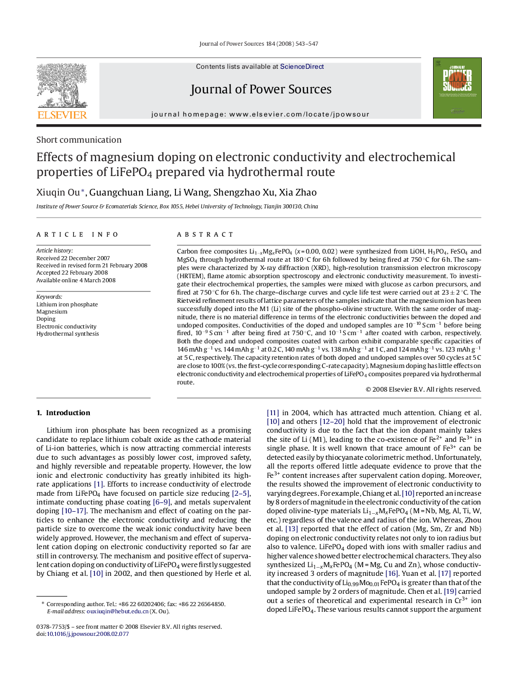 Effects of magnesium doping on electronic conductivity and electrochemical properties of LiFePO4 prepared via hydrothermal route