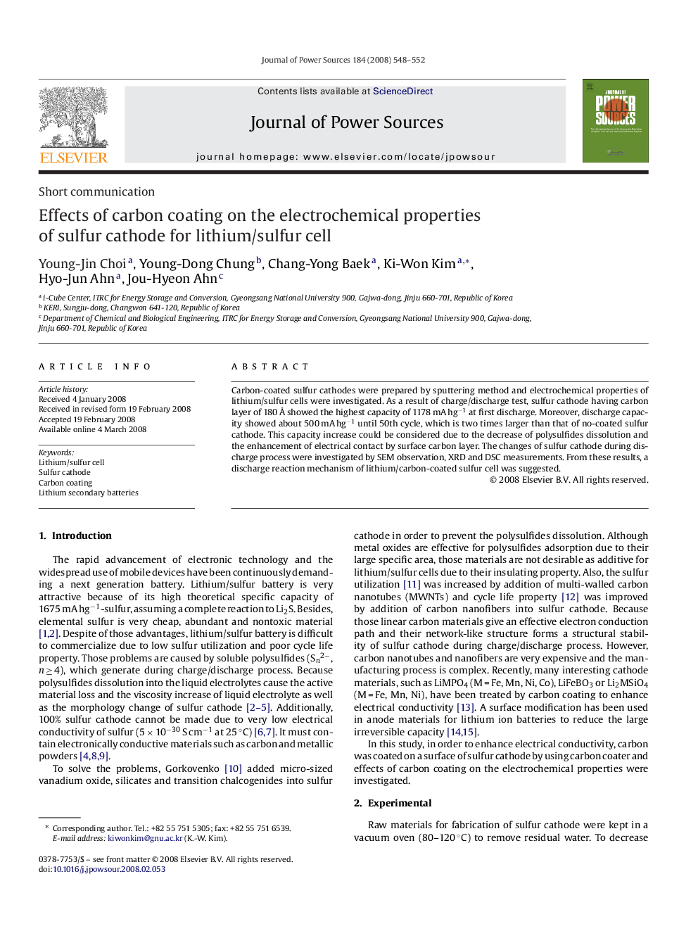 Effects of carbon coating on the electrochemical properties of sulfur cathode for lithium/sulfur cell