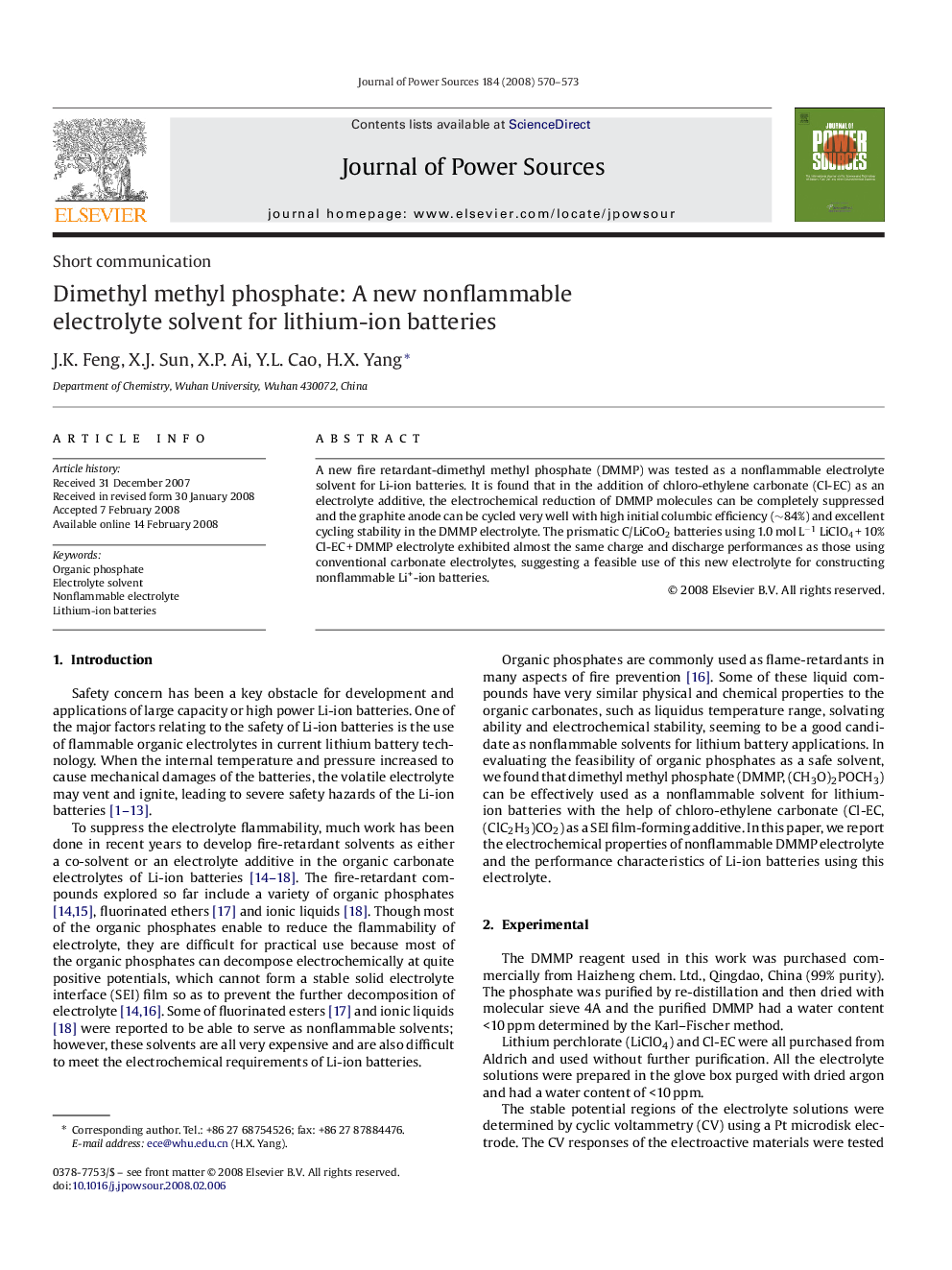 Dimethyl methyl phosphate: A new nonflammable electrolyte solvent for lithium-ion batteries