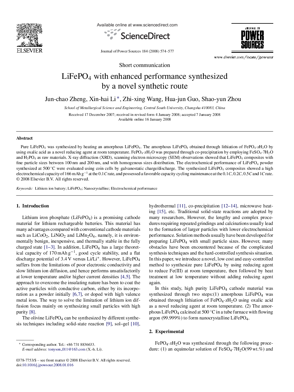 LiFePO4 with enhanced performance synthesized by a novel synthetic route