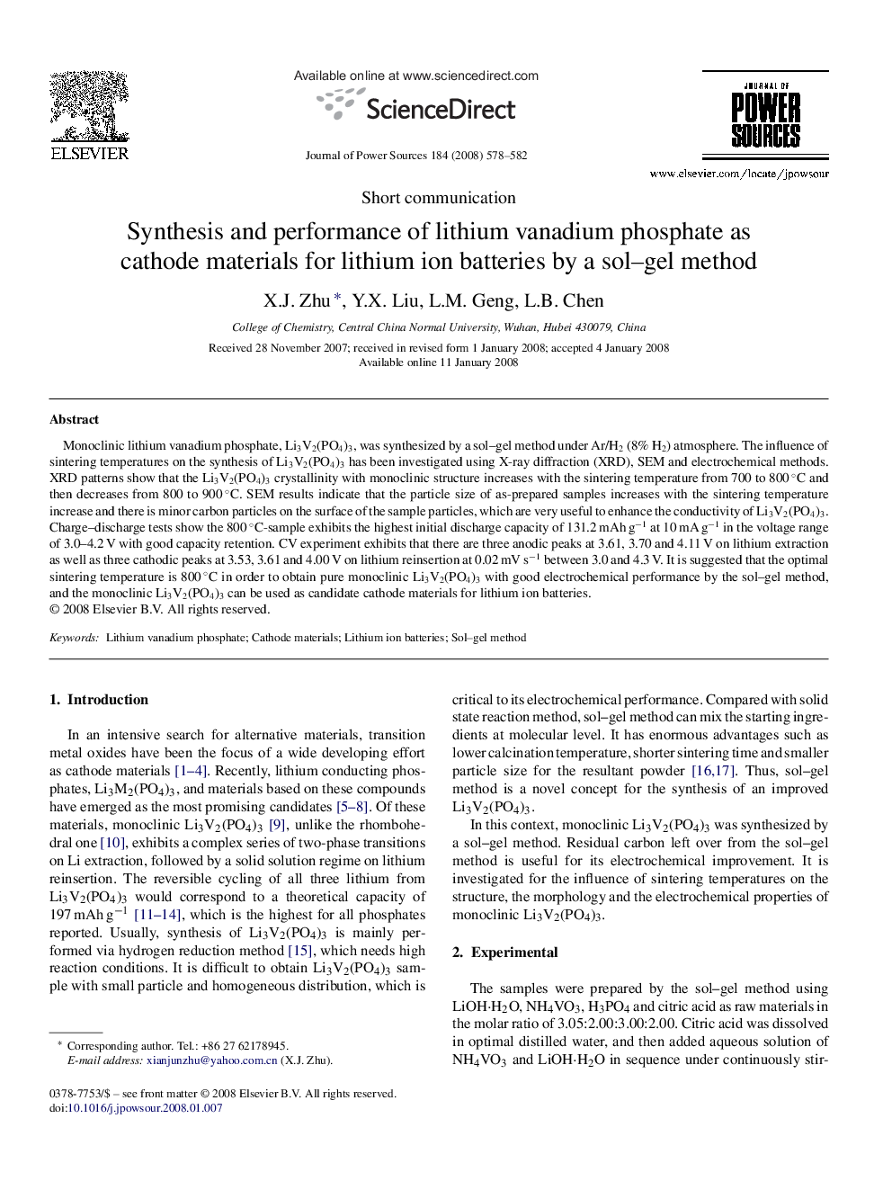 Synthesis and performance of lithium vanadium phosphate as cathode materials for lithium ion batteries by a sol–gel method