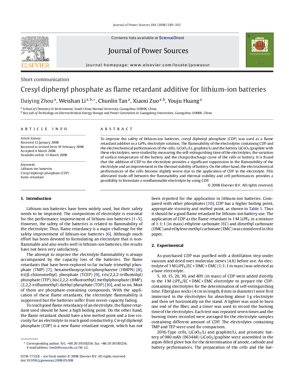 Cresyl diphenyl phosphate as flame retardant additive for lithium-ion batteries