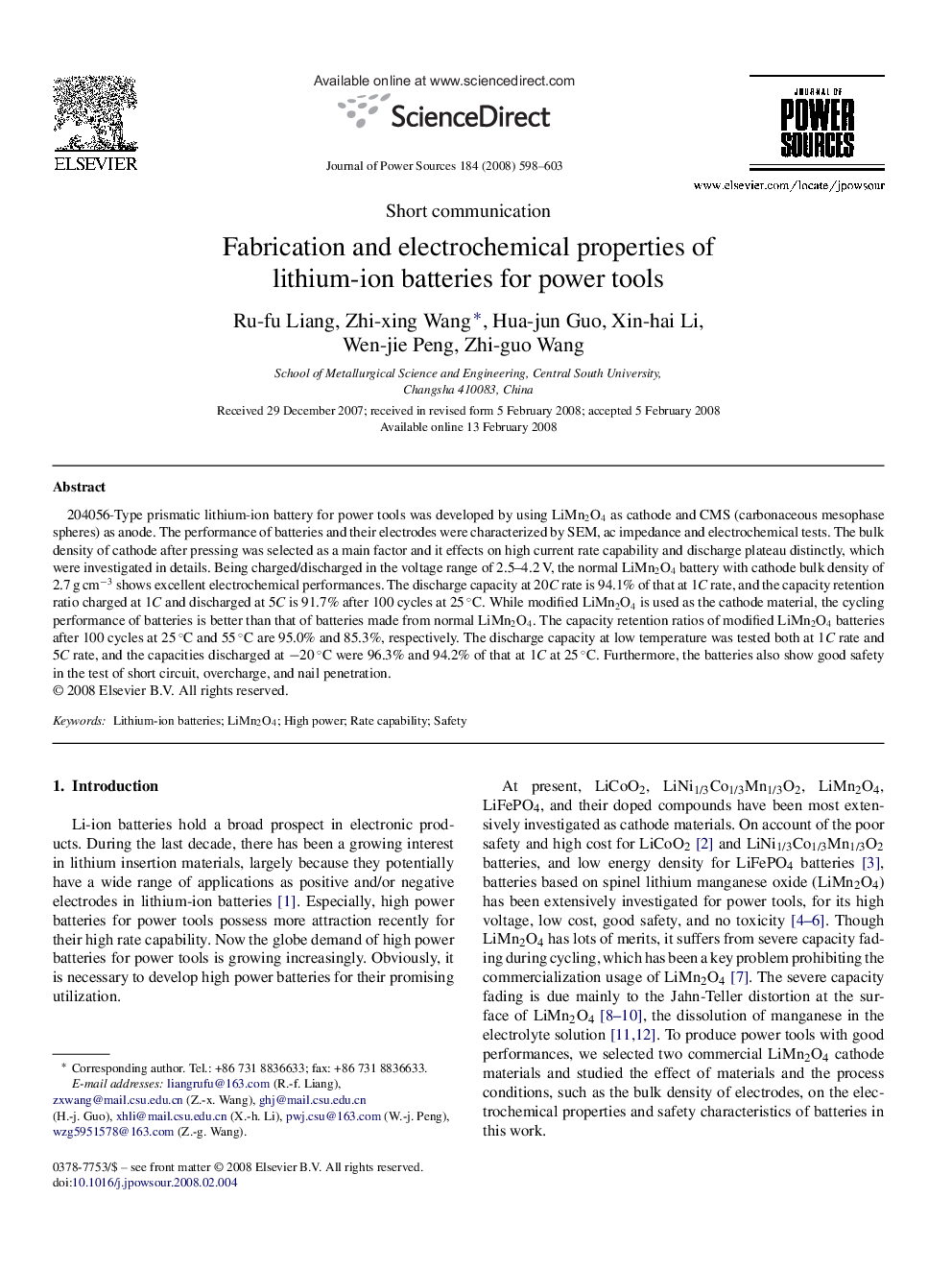 Fabrication and electrochemical properties of lithium-ion batteries for power tools