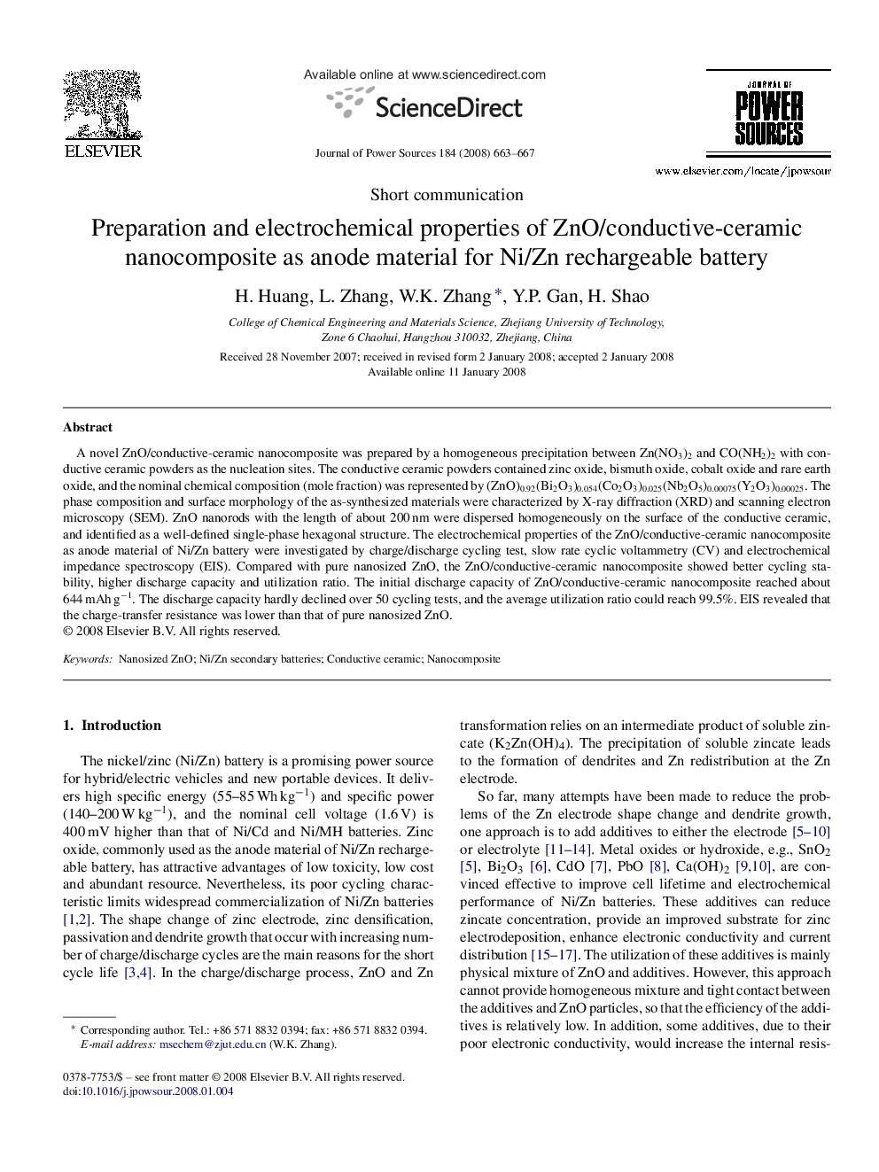 Preparation and electrochemical properties of ZnO/conductive-ceramic nanocomposite as anode material for Ni/Zn rechargeable battery