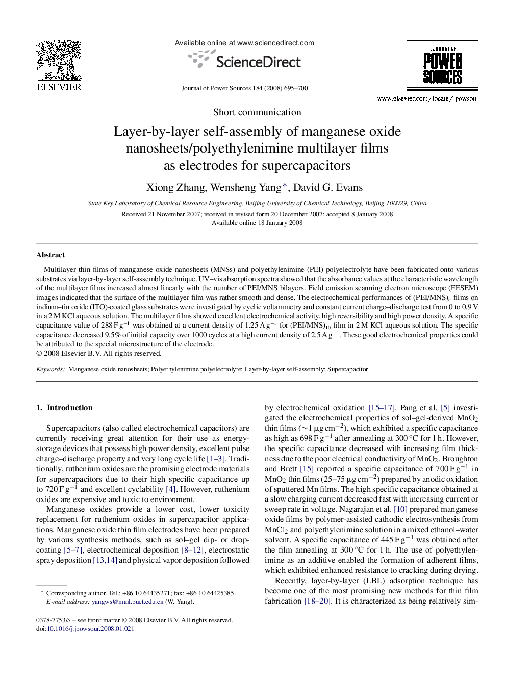 Layer-by-layer self-assembly of manganese oxide nanosheets/polyethylenimine multilayer films as electrodes for supercapacitors