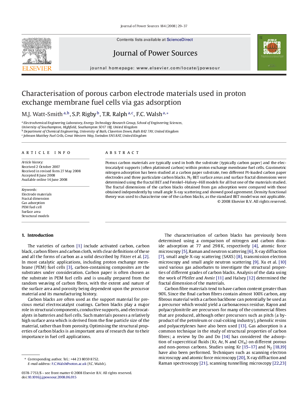 Characterisation of porous carbon electrode materials used in proton exchange membrane fuel cells via gas adsorption