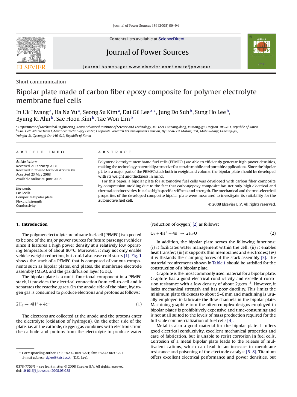 Bipolar plate made of carbon fiber epoxy composite for polymer electrolyte membrane fuel cells