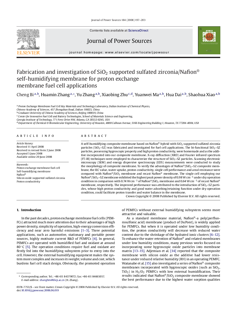 Fabrication and investigation of SiO2 supported sulfated zirconia/Nafion® self-humidifying membrane for proton exchange membrane fuel cell applications