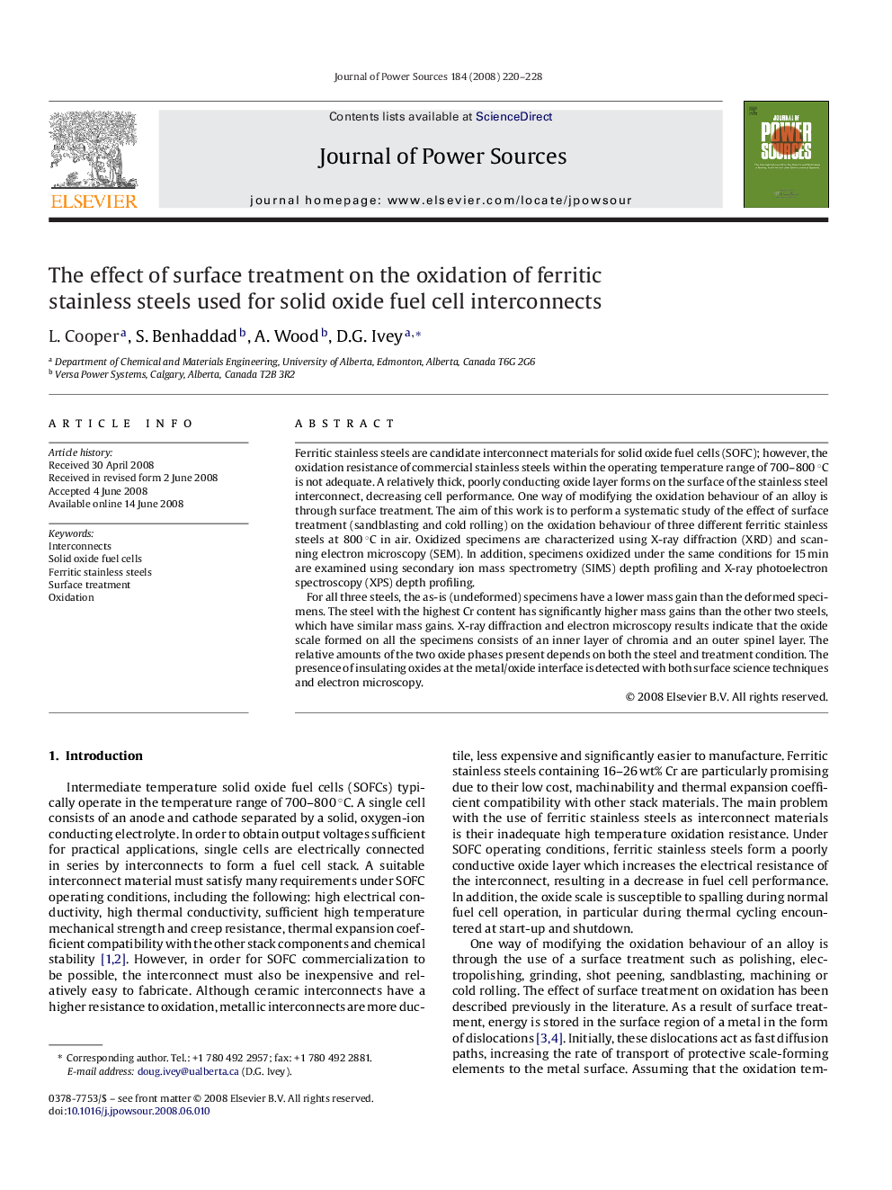 The effect of surface treatment on the oxidation of ferritic stainless steels used for solid oxide fuel cell interconnects