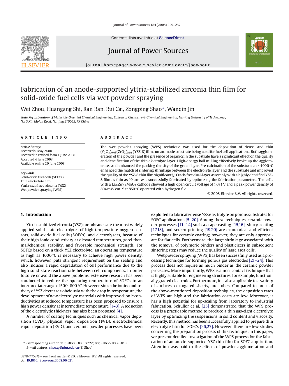 Fabrication of an anode-supported yttria-stabilized zirconia thin film for solid-oxide fuel cells via wet powder spraying