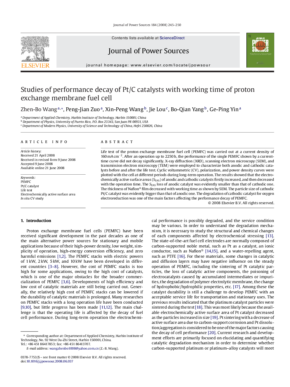 Studies of performance decay of Pt/C catalysts with working time of proton exchange membrane fuel cell