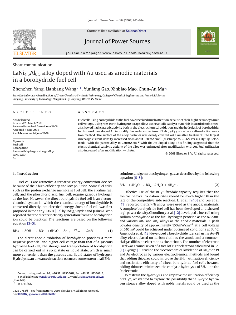 LaNi4.5Al0.5 alloy doped with Au used as anodic materials in a borohydride fuel cell