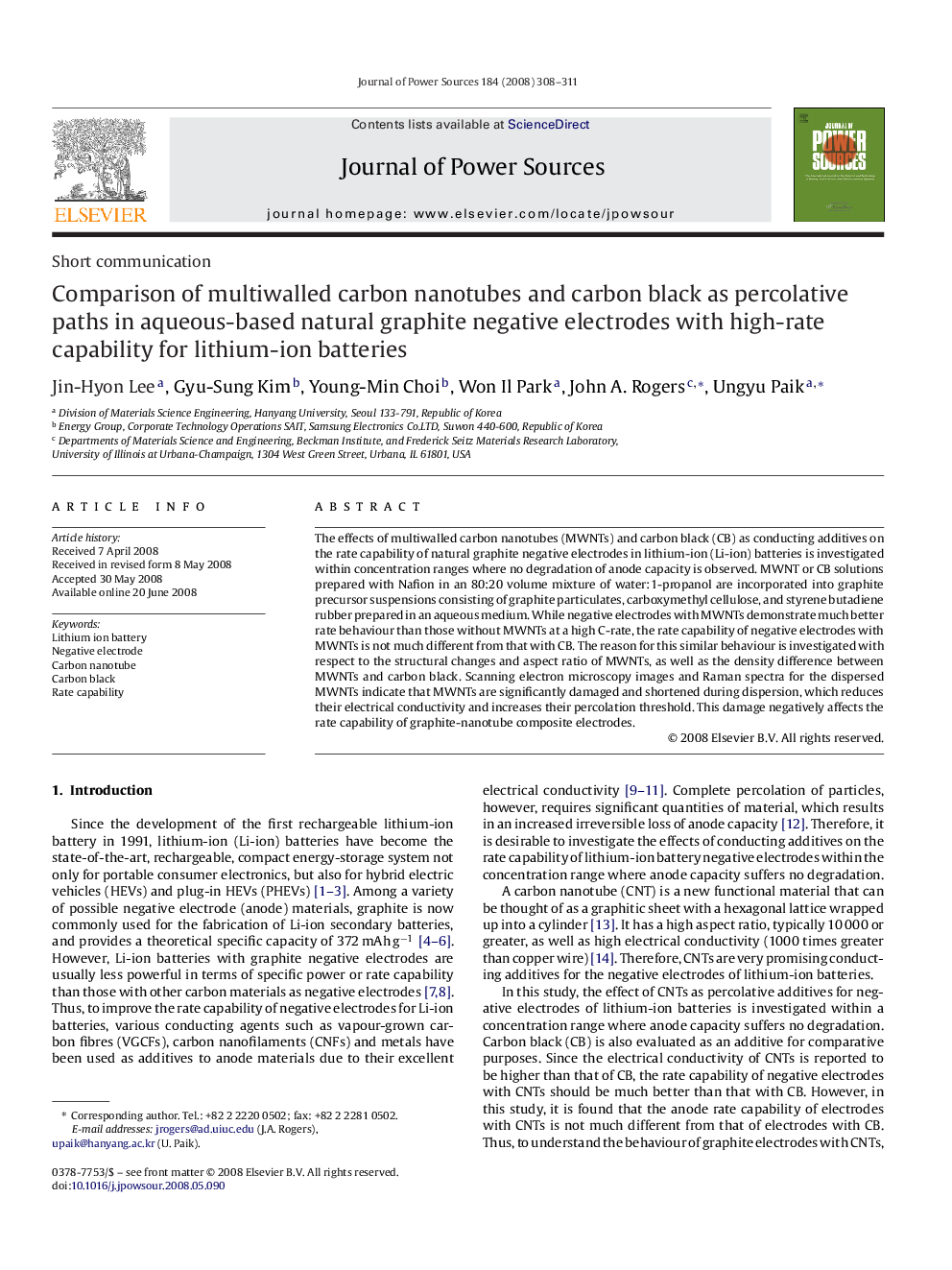 Comparison of multiwalled carbon nanotubes and carbon black as percolative paths in aqueous-based natural graphite negative electrodes with high-rate capability for lithium-ion batteries