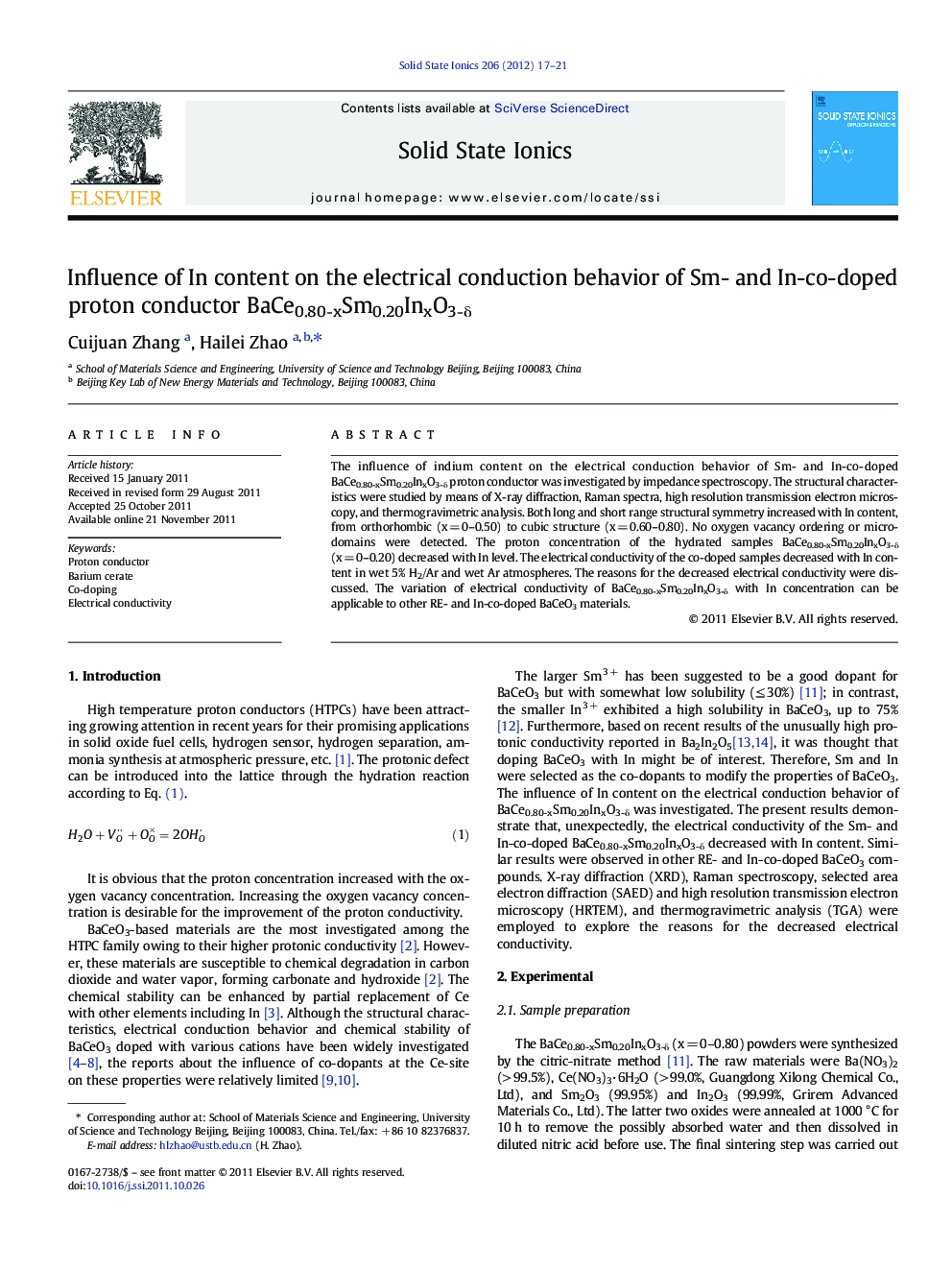 Influence of In content on the electrical conduction behavior of Sm- and In-co-doped proton conductor BaCe0.80-xSm0.20InxO3-δ