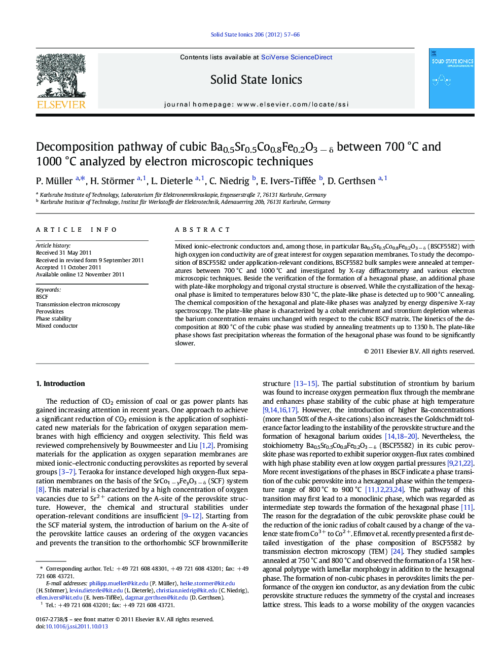 Decomposition pathway of cubic Ba0.5Sr0.5Co0.8Fe0.2O3Â âÂ Î´ between 700Â Â°C and 1000Â Â°C analyzed by electron microscopic techniques