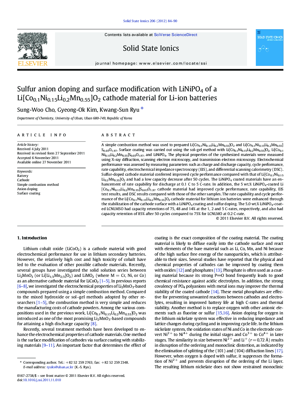 Sulfur anion doping and surface modification with LiNiPO4 of a Li[Co0.1Ni0.15Li0.2Mn0.55]O2 cathode material for Li-ion batteries