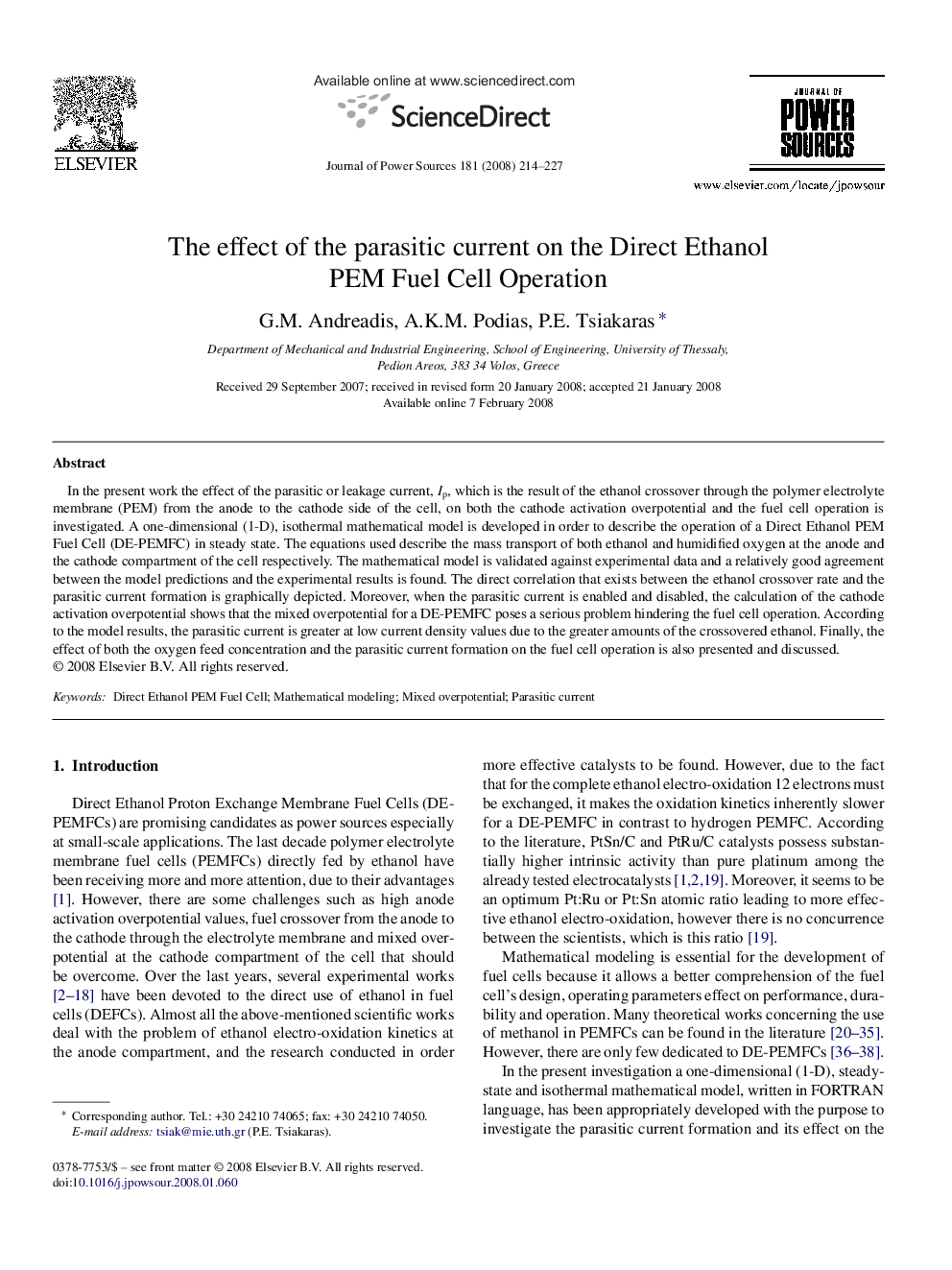 The effect of the parasitic current on the Direct Ethanol PEM Fuel Cell Operation