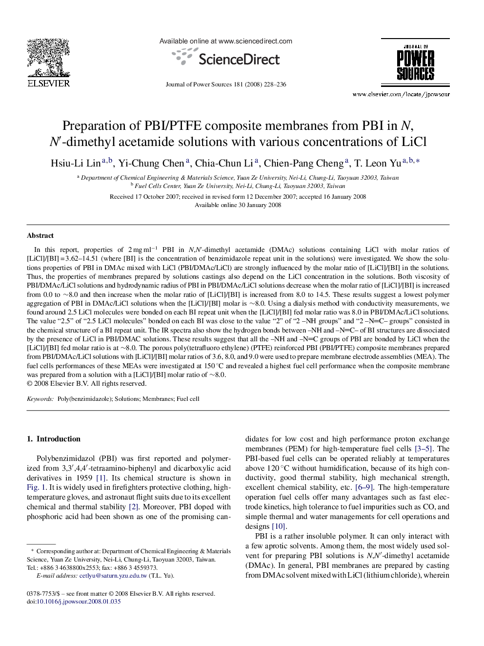 Preparation of PBI/PTFE composite membranes from PBI in N,N′-dimethyl acetamide solutions with various concentrations of LiCl