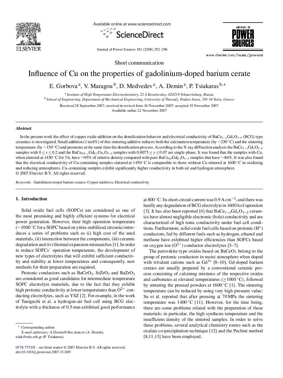 Influence of Cu on the properties of gadolinium-doped barium cerate