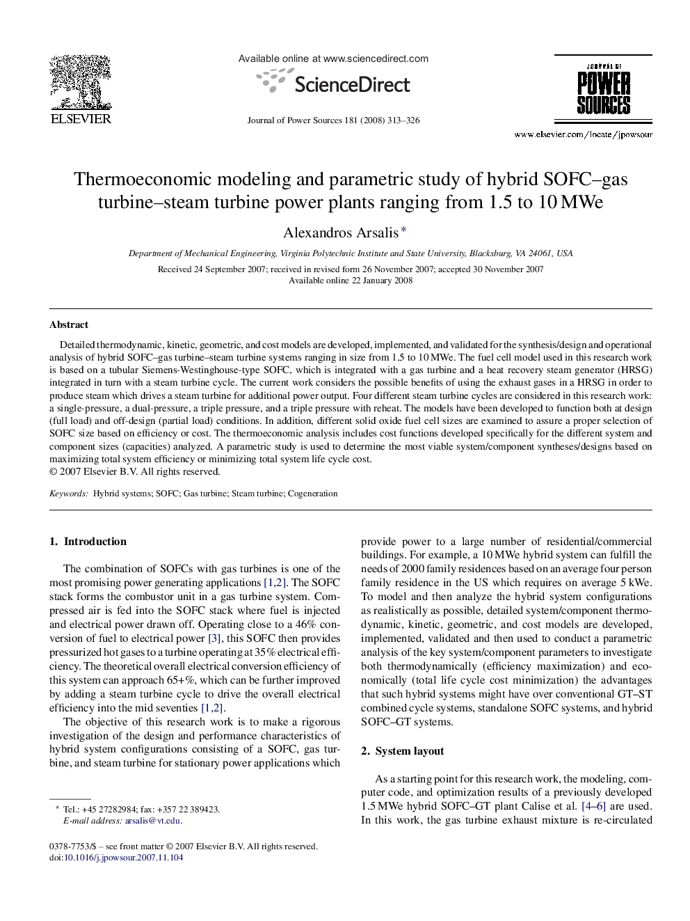 Thermoeconomic modeling and parametric study of hybrid SOFC–gas turbine–steam turbine power plants ranging from 1.5 to 10 MWe