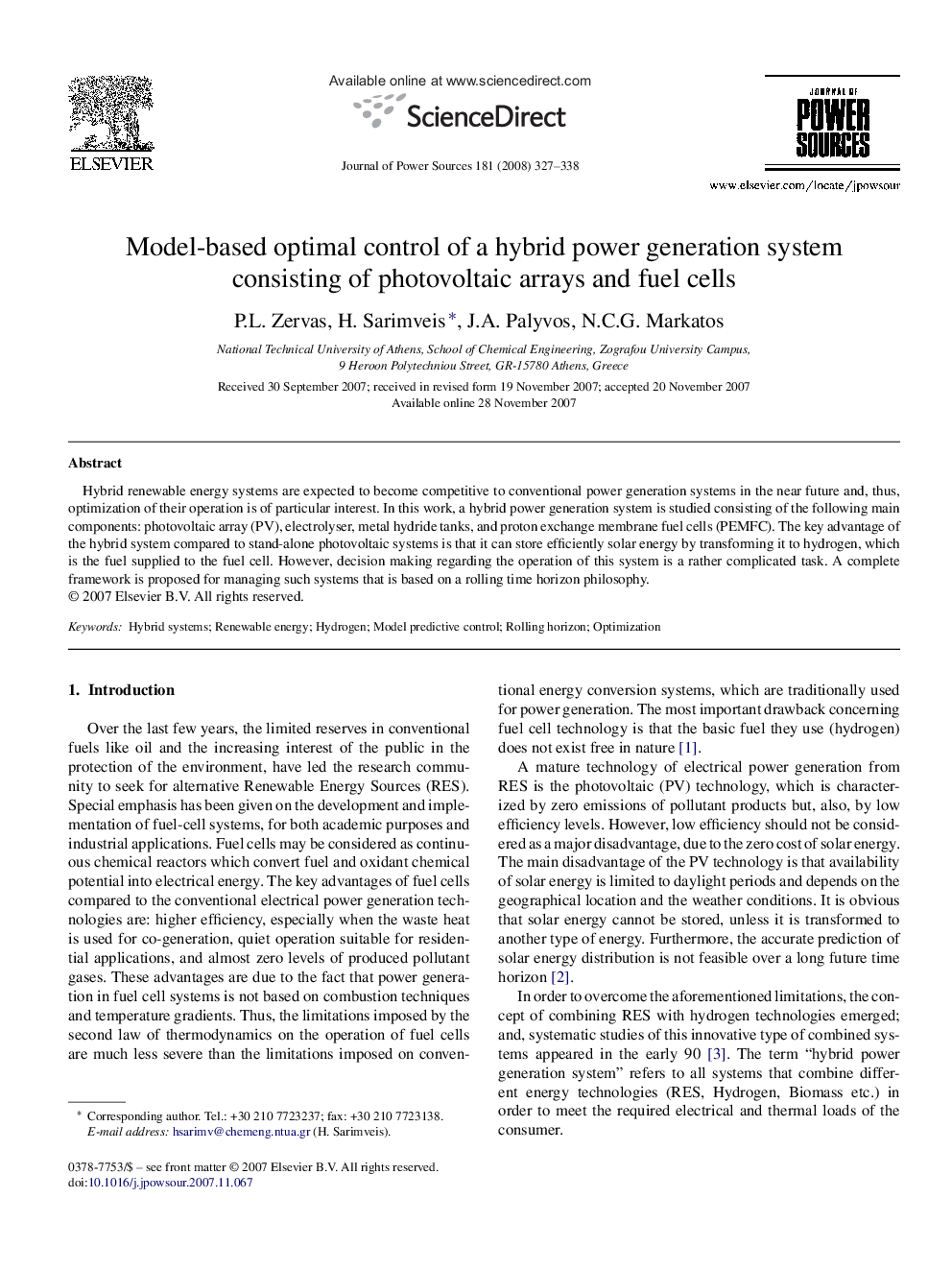 Model-based optimal control of a hybrid power generation system consisting of photovoltaic arrays and fuel cells