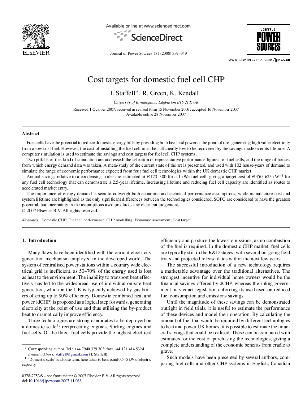 Cost targets for domestic fuel cell CHP