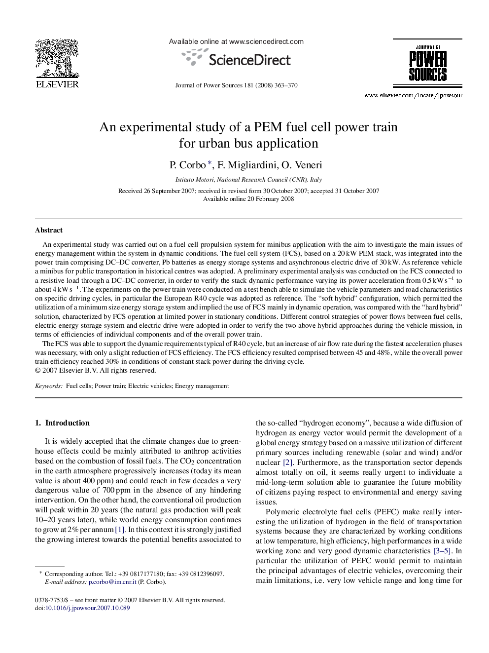 An experimental study of a PEM fuel cell power train for urban bus application