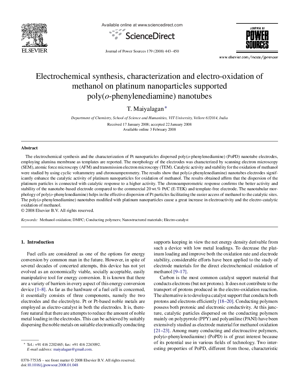 Electrochemical synthesis, characterization and electro-oxidation of methanol on platinum nanoparticles supported poly(o-phenylenediamine) nanotubes