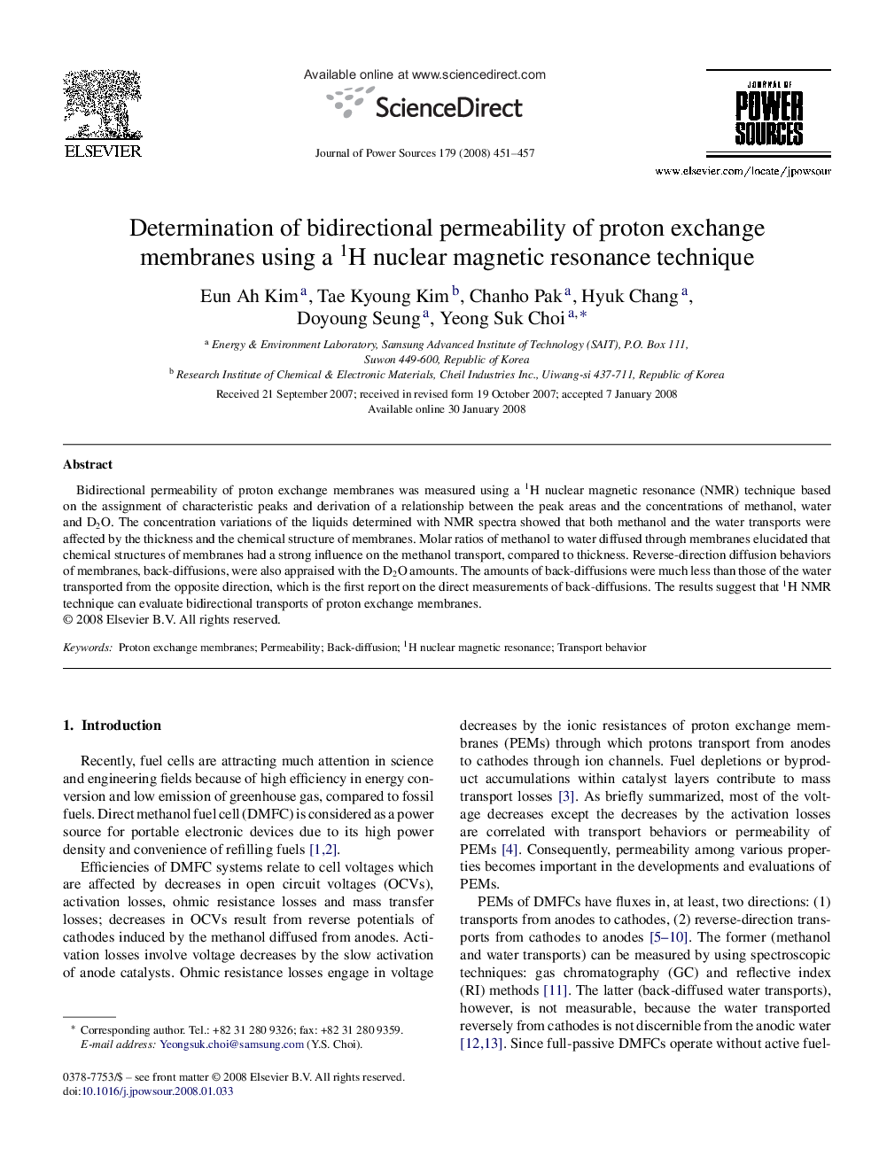 Determination of bidirectional permeability of proton exchange membranes using a 1H nuclear magnetic resonance technique