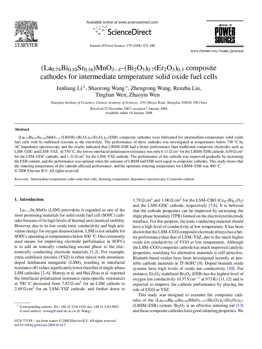 (La0.74Bi0.10Sr0.16)MnO3−δ–(Bi2O3)0.7(Er2O3)0.3 composite cathodes for intermediate temperature solid oxide fuel cells