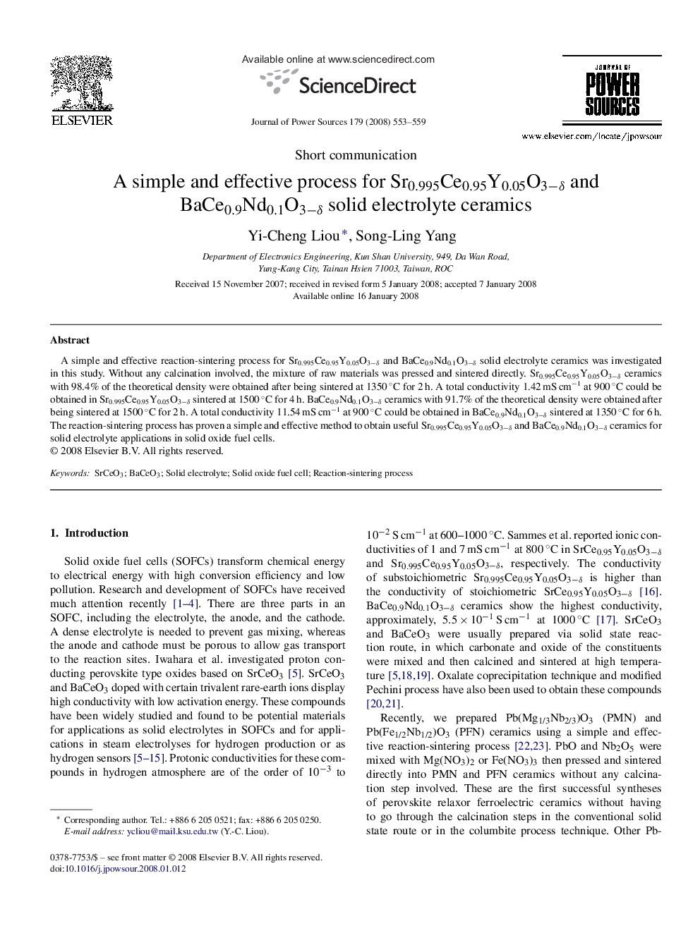 A simple and effective process for Sr0.995Ce0.95Y0.05O3−δ and BaCe0.9Nd0.1O3−δ solid electrolyte ceramics