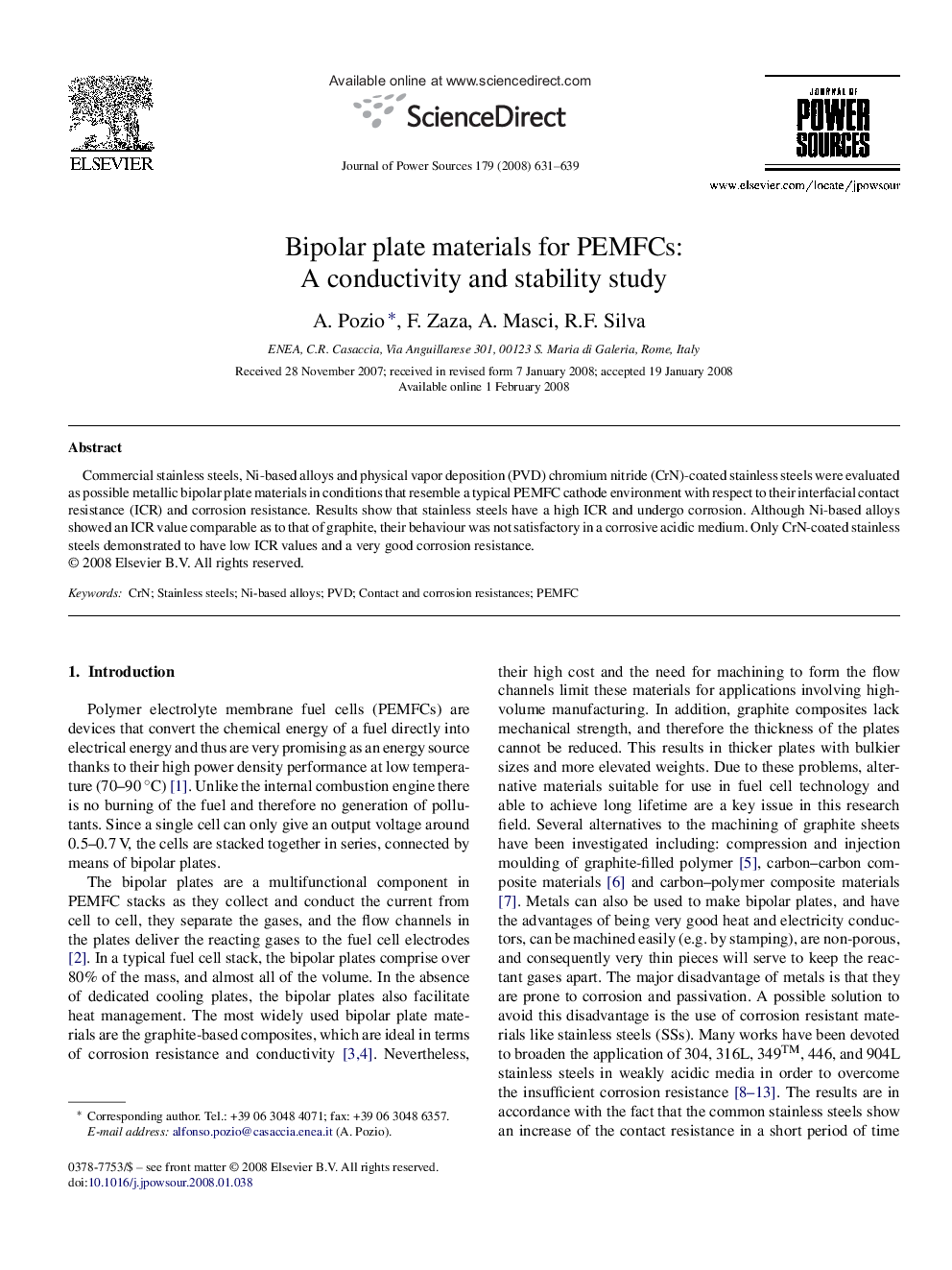 Bipolar plate materials for PEMFCs: A conductivity and stability study